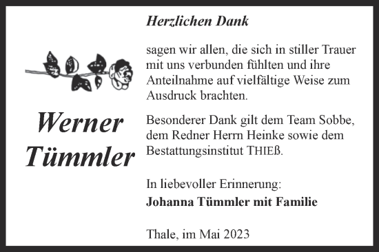 Traueranzeige von Werner Tümmler von Trauerkombi Quedlinburg