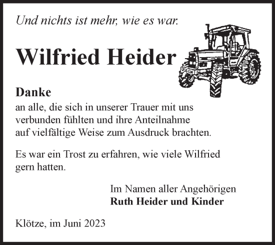 Traueranzeige von Wilfried Heider von Volksstimme Altmark West