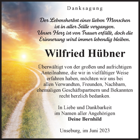 Traueranzeige von Wilfried Hübner von Volksstimme Staßfurt