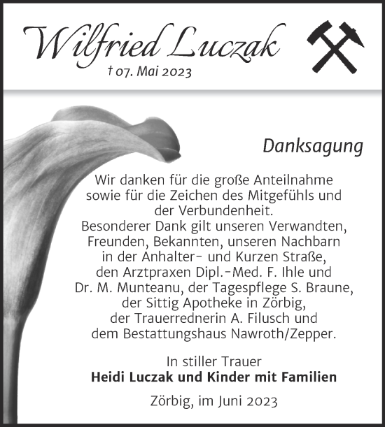 Traueranzeige von Wilfried Luczak von Trauerkombi Bitterfeld