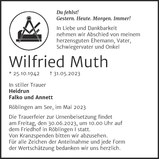 Traueranzeige von Wilfried Muth von Trauerkombi Mansfelder Land
