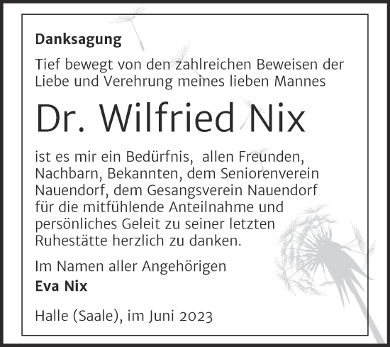 Traueranzeige von Wilfried Nix von Mitteldeutsche Zeitung Halle/Saalkreis