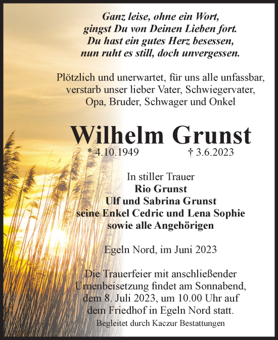Traueranzeige von Wilhelm Grunst von Volksstimme Staßfurt