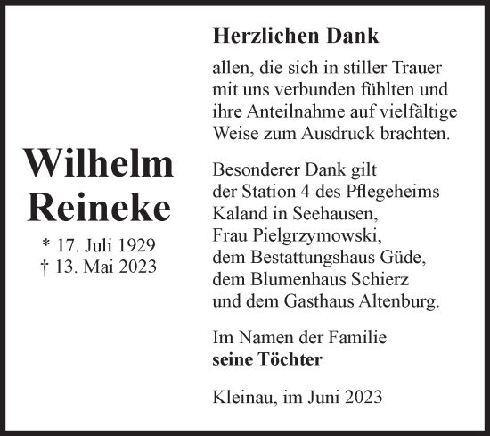 Traueranzeige von Wilhelm Reineke von Volksstimme Altmark West