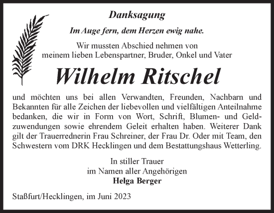 Traueranzeige von Wilhelm Ritschel von Volksstimme Staßfurt