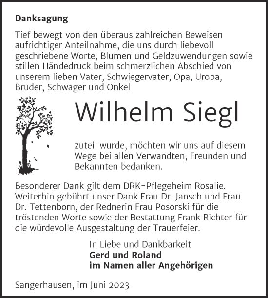 Traueranzeige von Wilhelm Siegl von Trauerkombi Sangerhausen