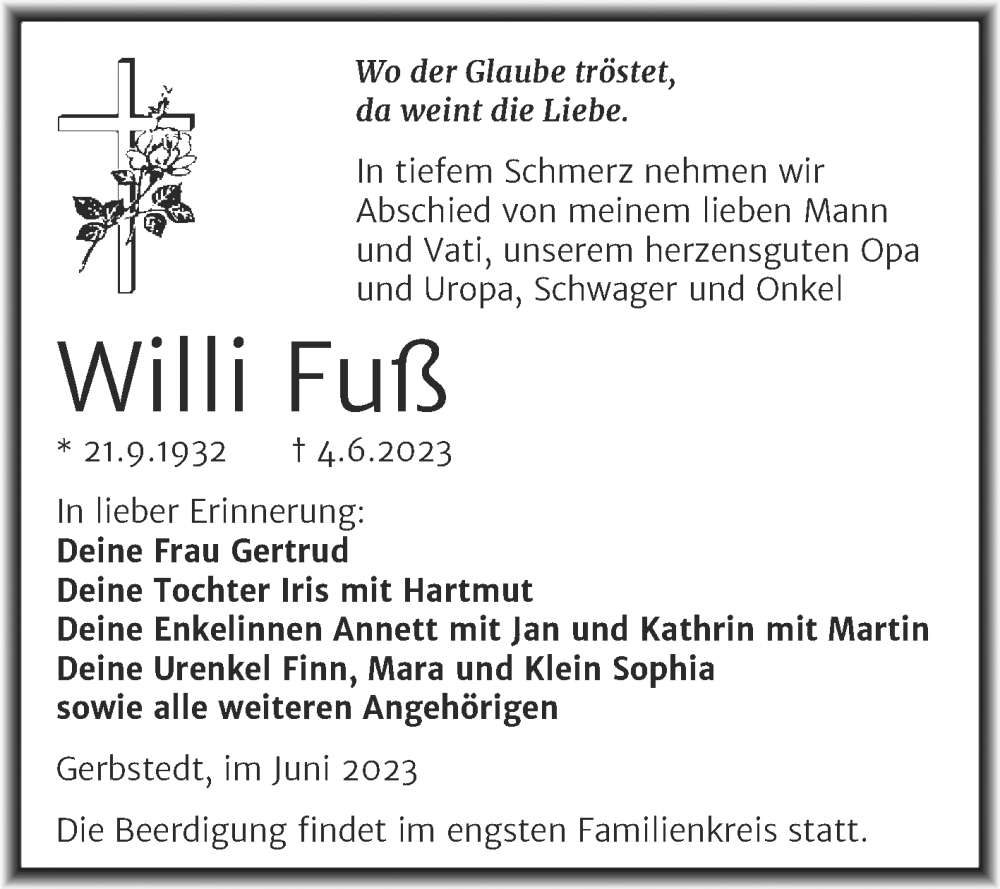  Traueranzeige für Willi Fuß vom 08.06.2023 aus Trauerkombi Mansfelder Land