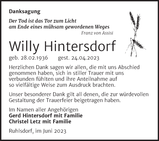 Traueranzeige von Willy Hintersdorf von Trauerkombi Wittenberg