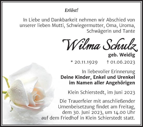 Traueranzeige von Wilma Schulz von Trauerkombi Aschersleben