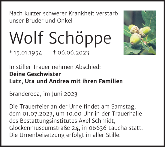 Traueranzeige von Wolf Schöppe von Super Sonntag Merseburg/Querfurt