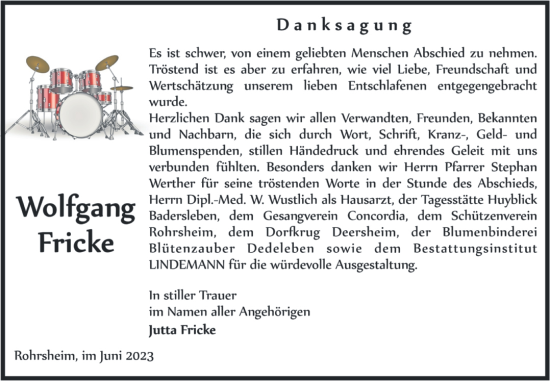 Traueranzeige von Wolfgang Fricke von Volksstimme Halberstadt