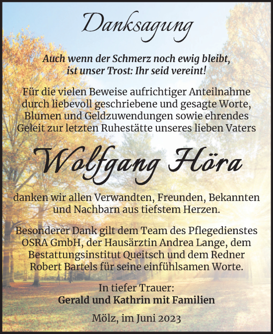Traueranzeige von Wolfgang Höra von Trauerkombi Köthen