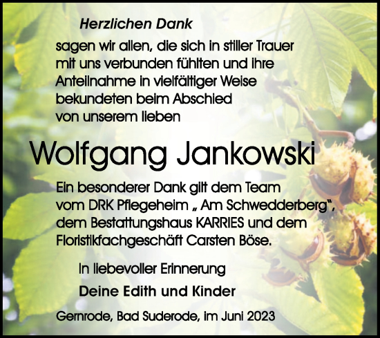 Traueranzeige von Wolfgang Jankowski von Trauerkombi Quedlinburg