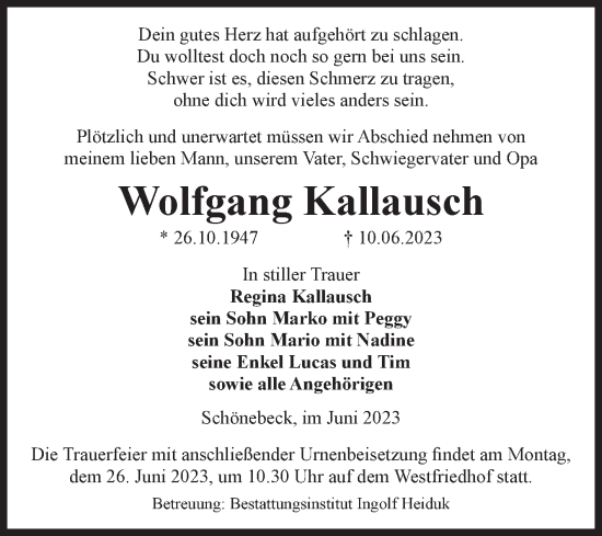 Traueranzeige von Wolfgang Kallausch von Volksstimme Schönebeck