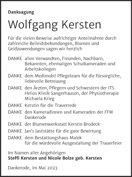 Traueranzeige von Wolfgang Kersten von Trauerkombi Quedlinburg