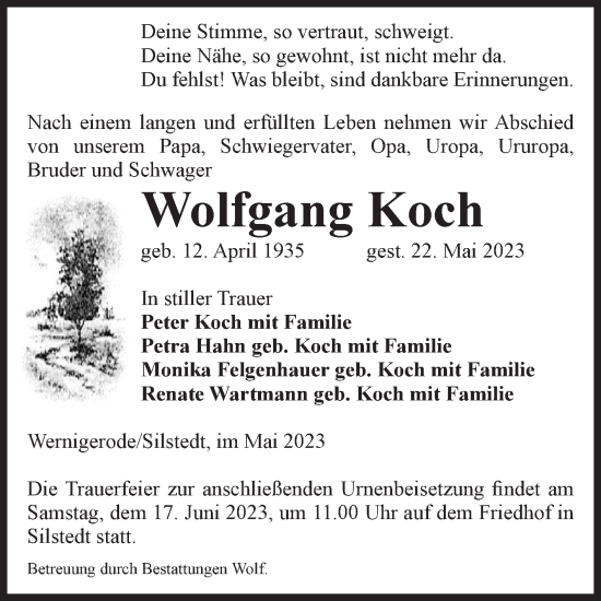 Traueranzeige von Wolfgang Koch von Volksstimme Wernigerode