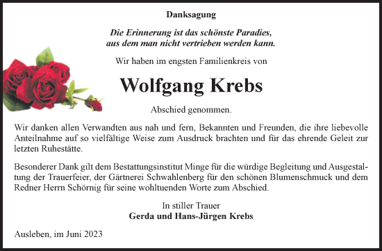 Traueranzeige von Wolfgang Krebs von Volksstimme Oschersleben/Wanzleben