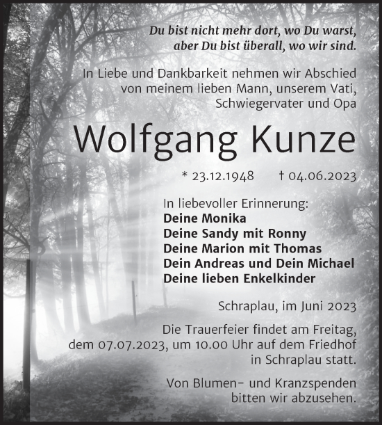 Traueranzeige von Wolfgang Kunze von Trauerkombi Merseburg