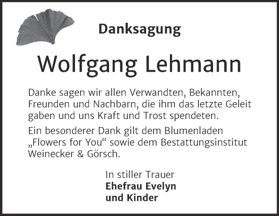 Traueranzeige von Wolfgang Lehmann von Trauerkombi Bernburg