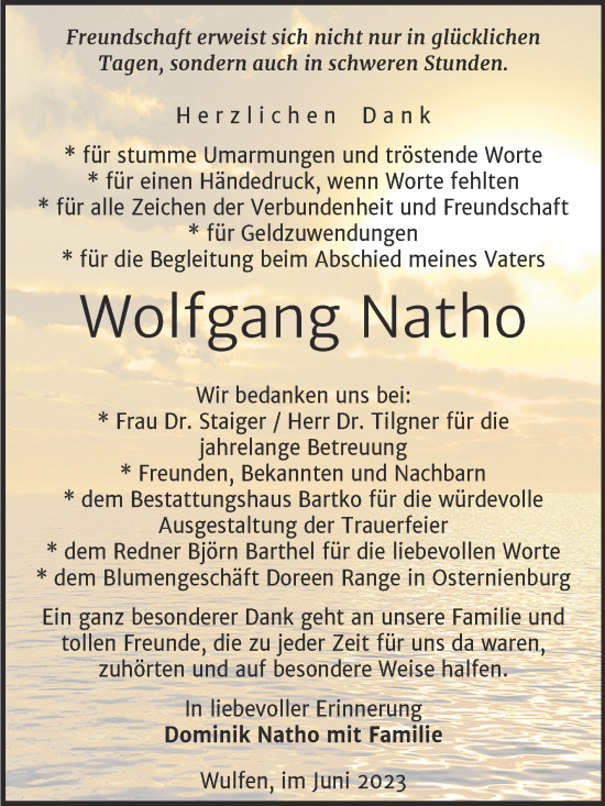 Traueranzeige von Wolfgang Natho von Trauerkombi Köthen