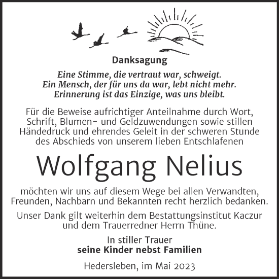 Traueranzeige von Wolfgang Nelius von Trauerkombi Quedlinburg