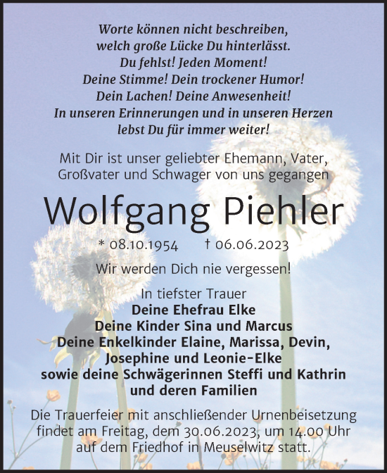 Traueranzeige von Wolfgang Piehler von Trauerkombi Zeitz
