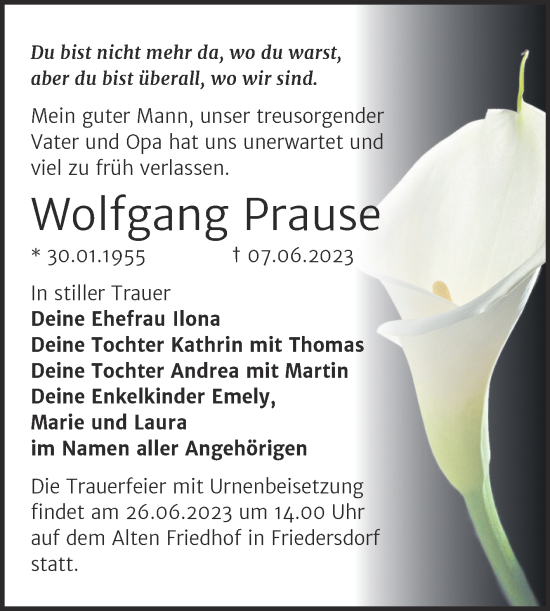 Traueranzeige von Wolfgang Prause von Trauerkombi Bitterfeld