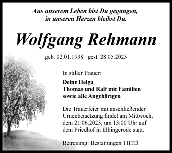 Traueranzeige von Wolfgang Rehmann von Volksstimme Wernigerode