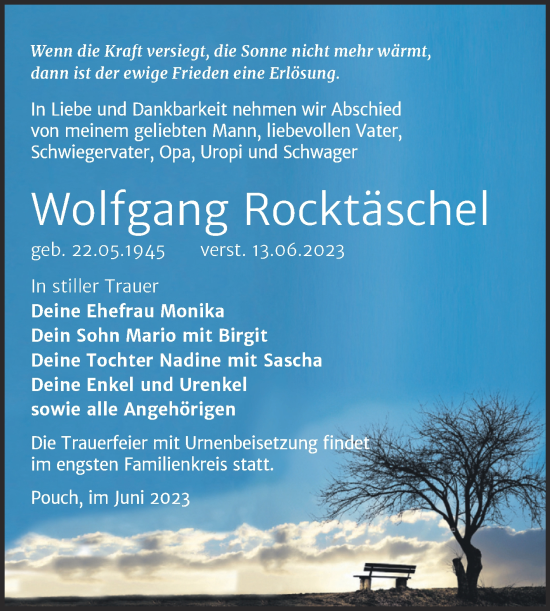 Traueranzeige von Wolfgang Rocktäschel von Trauerkombi Bitterfeld