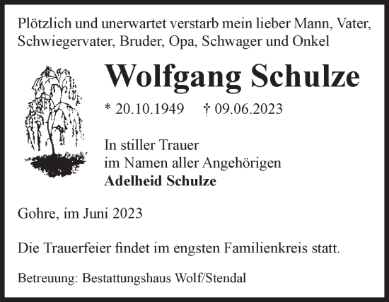Traueranzeige von Wolfgang Schulze von Volksstimme Altmark Ost