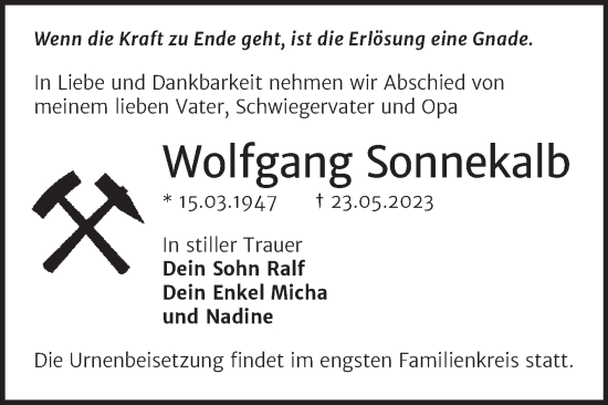 Traueranzeige von Wolfgang Sonnekalb von Super Sonntag Merseburg/Querfurt
