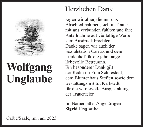 Traueranzeige von Wolfgang Unglaube von Volksstimme Schönebeck