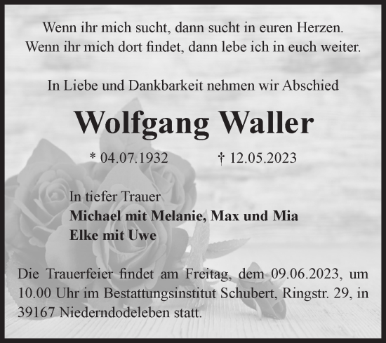 Traueranzeige von Wolfgang Waller von Volksstimme Staßfurt