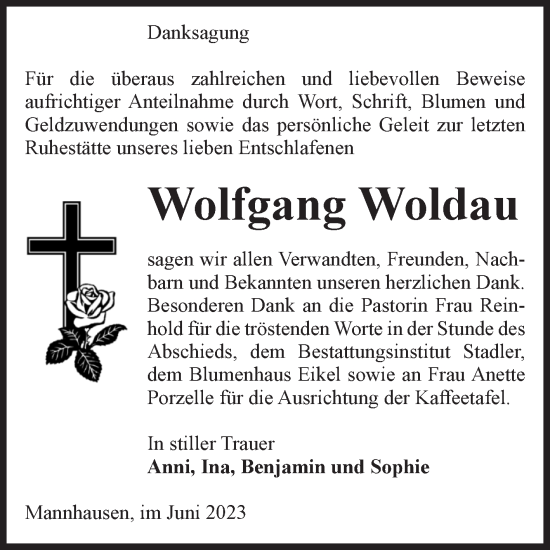 Traueranzeige von Wolfgang Woldau von Volksstimme Haldensleben/Wolmirstedt