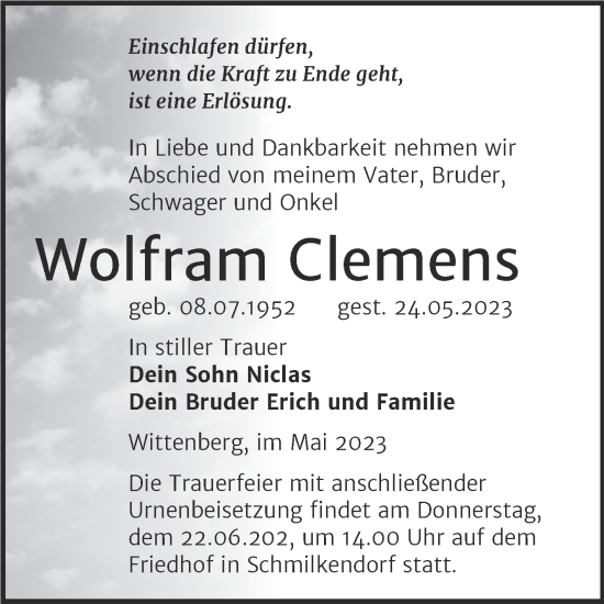 Traueranzeige von Wolfram Clemens von Trauerkombi Wittenberg