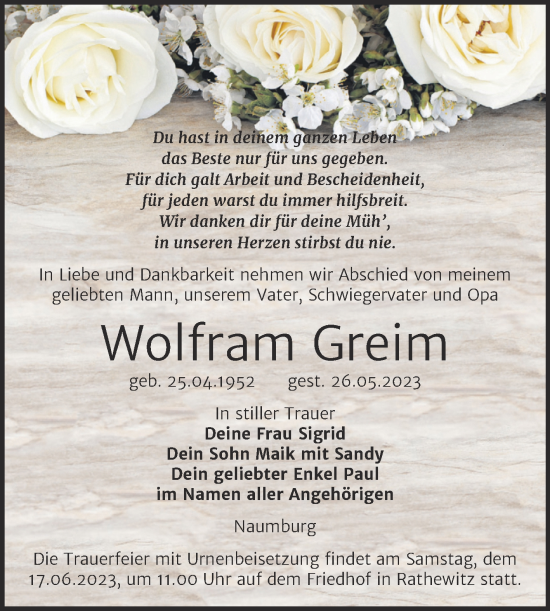 Traueranzeige von Wolfram Greim von Wochenspiegel Naumburg/Nebra