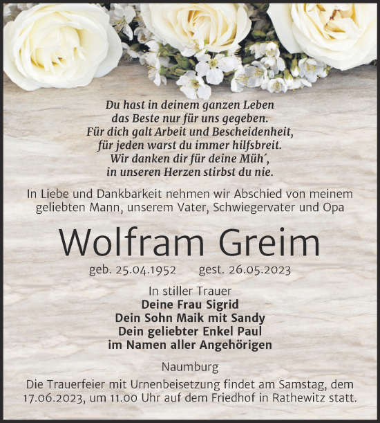 Traueranzeige von Wolfram Greim von Naumburger Tageblatt