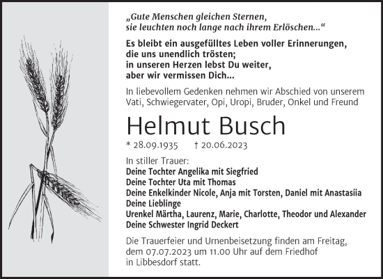 Traueranzeige von Helmut Busch von Trauerkombi Köthen