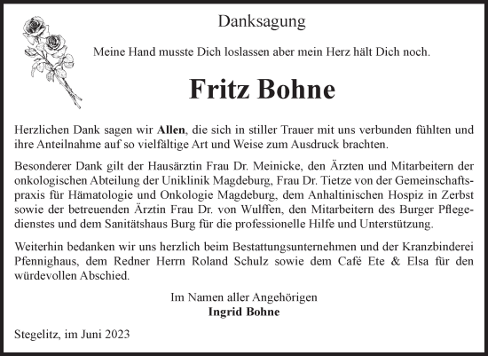 Traueranzeige von Fritz Bohne von Volksstimme Burg/Genthin