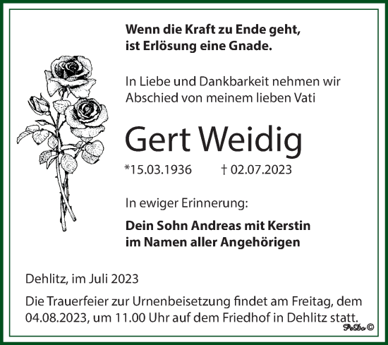 Traueranzeige von Gert Weidig von Trauerkombi Weißenfels