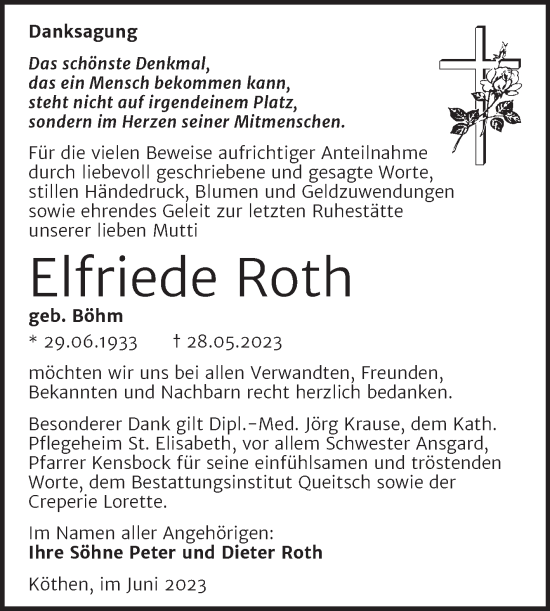 Traueranzeige von Elfriede Roth von Trauerkombi Köthen