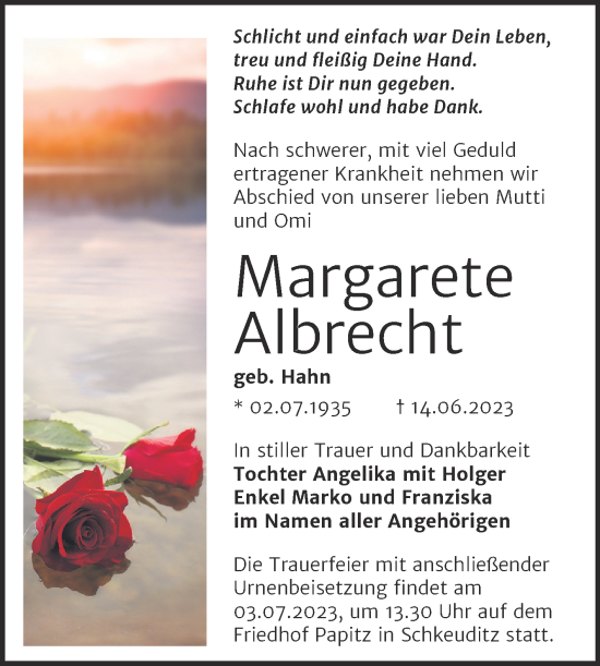 Traueranzeige von Margarete Albrecht von Mitteldeutsche Zeitung Merseburg