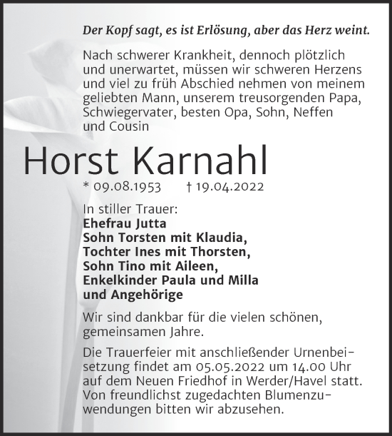 Traueranzeige von Horst Karnahl von Mitteldeutsche Mansfelder Land