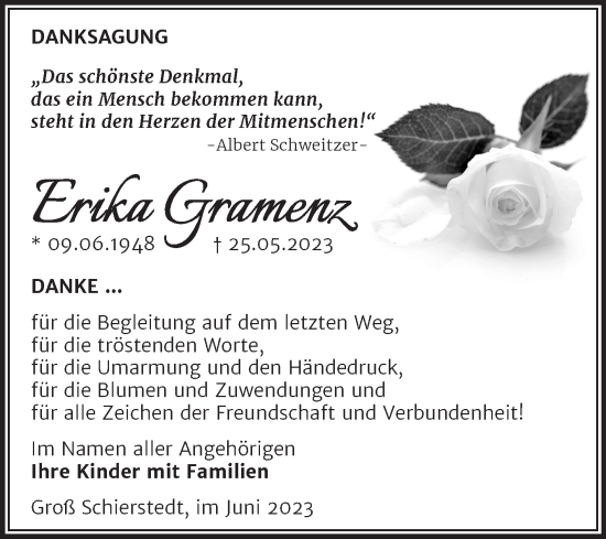Traueranzeige von Erika Gramenz von TRAUERKOMBI ASCHERSLEBEN