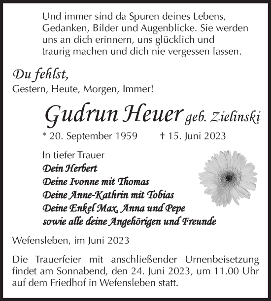 Traueranzeige von Gudrun Heuer von Volksstimme Haldensleben-Wolmirstedt