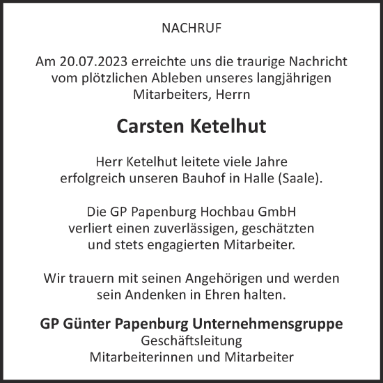 Traueranzeige von Carsten Ketelhut von Mitteldeutsche Zeitung Halle/Saalkreis