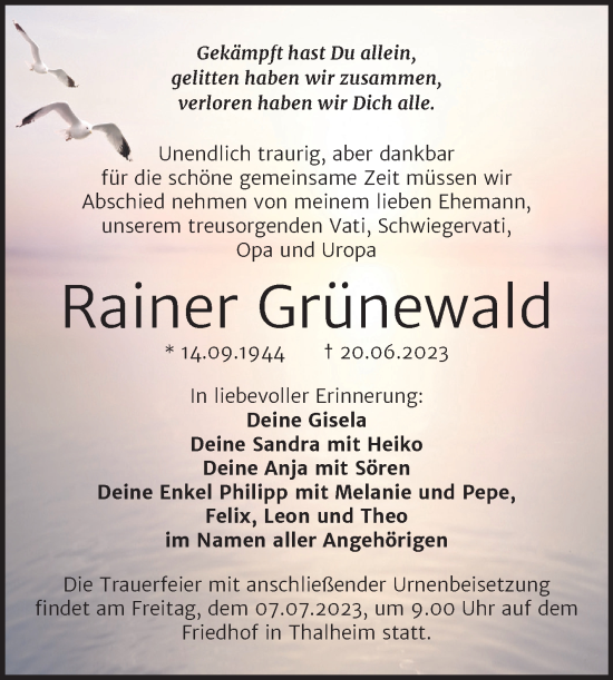 Traueranzeige von Rainer Grünewald von TRAUERKOMBI BITTERFELD