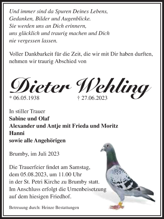 Traueranzeige von Dieter Wehling von Volksstimme Schönebeck
