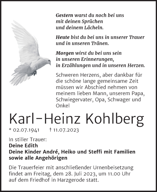 Traueranzeige von Karl-Heinz Kohlberg von Trauerkombi Quedlinburg