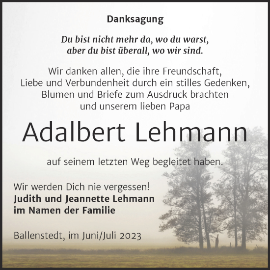 Traueranzeige von Adalbert Lehmann von Trauerkombi Quedlinburg